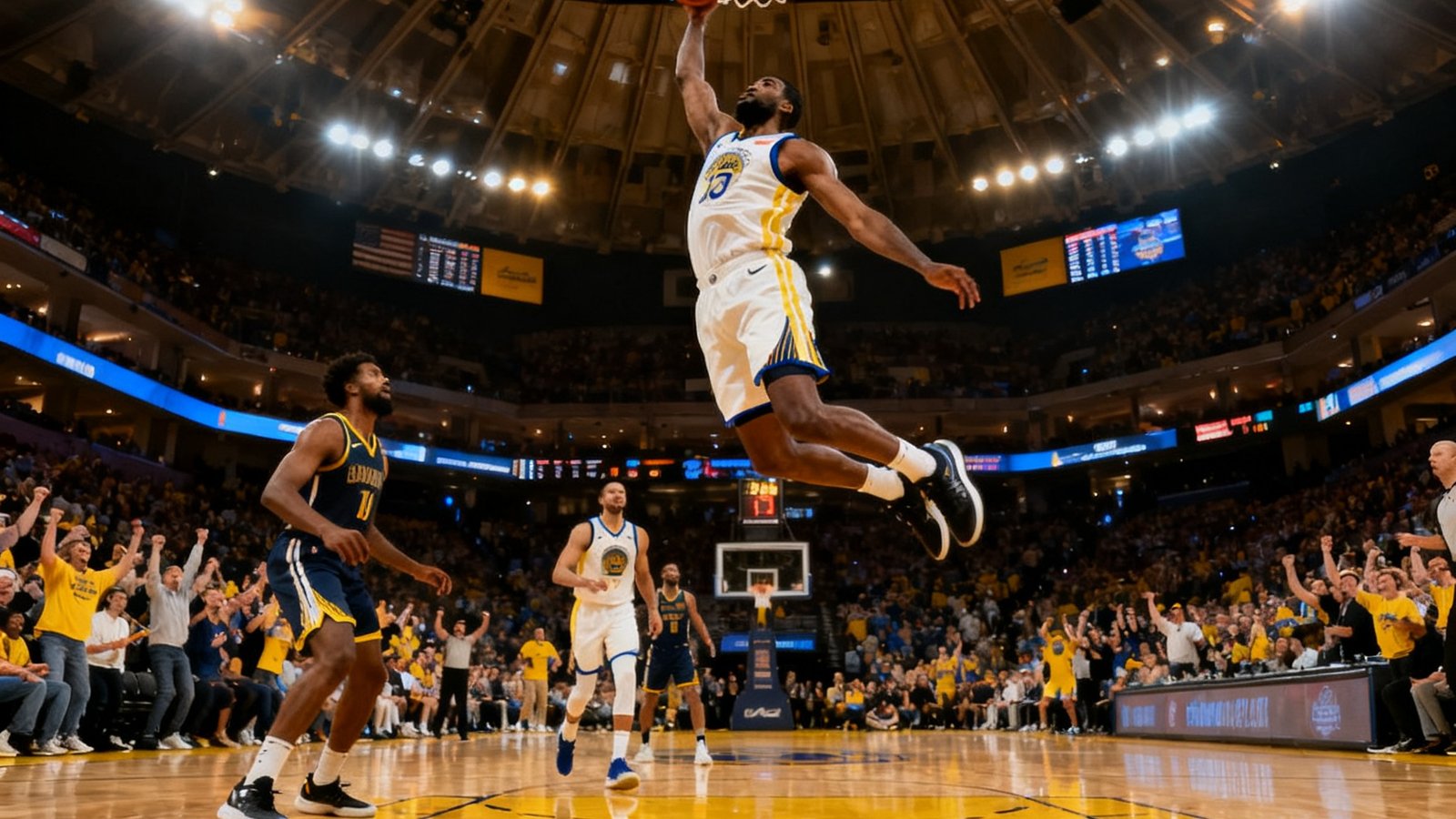 NBA篮球赛高清直播画面，球员飞身扣篮的精彩瞬间，球馆内灯光璀璨观众欢呼，木质地板反光映照出激烈对抗的氛围。